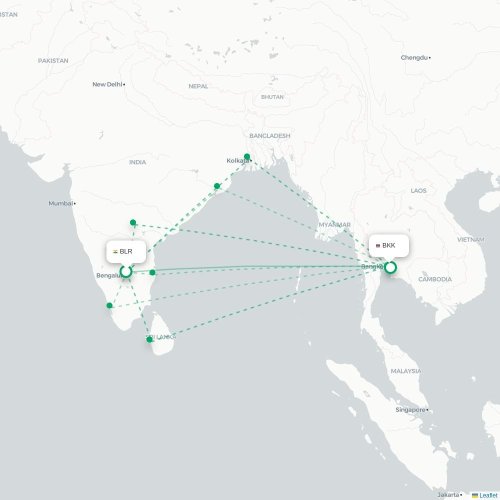 Bangalore – Bangkok suoran lennon kartta