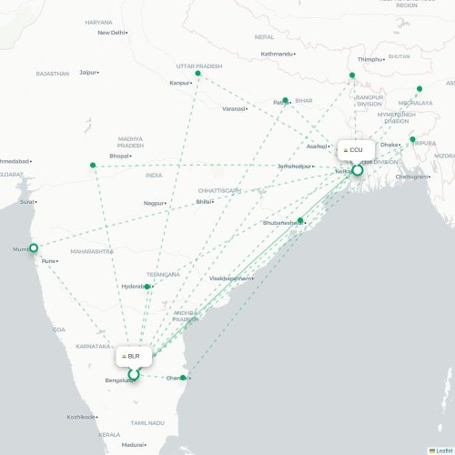 Bangalore – Kalkutta suoran lennon kartta