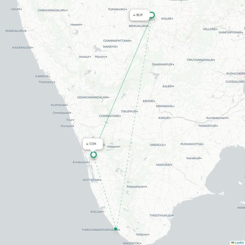 Bangalore – Kochi suoran lennon kartta