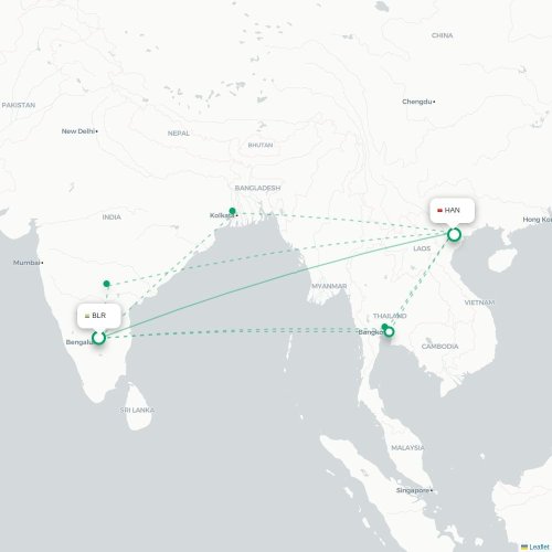 Mapa lotu bezpośredniego Bangalore – Hanoi