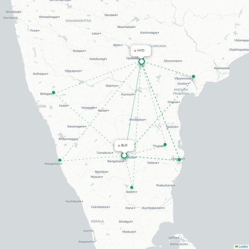 Bangalore – Hyderabad suoran lennon kartta
