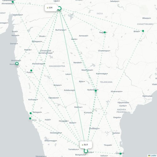 Mapa de vuelo directo Bangalore - Indore