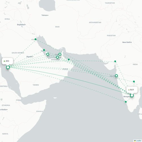 Mapa de vuelo directo Bangalore - Jedda