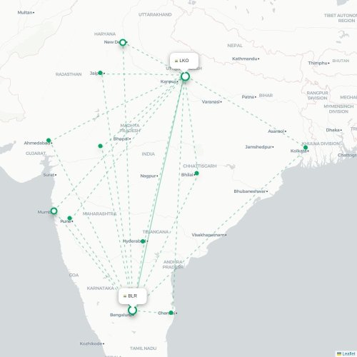 Bangalore - Lucknow kort over direkte fly