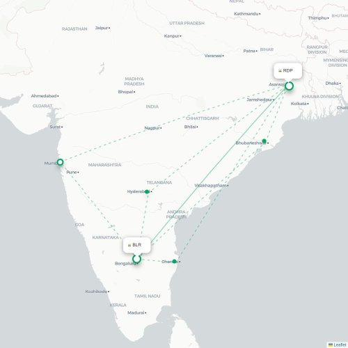 Mapa de vuelo directo Bangalore - Durgapur