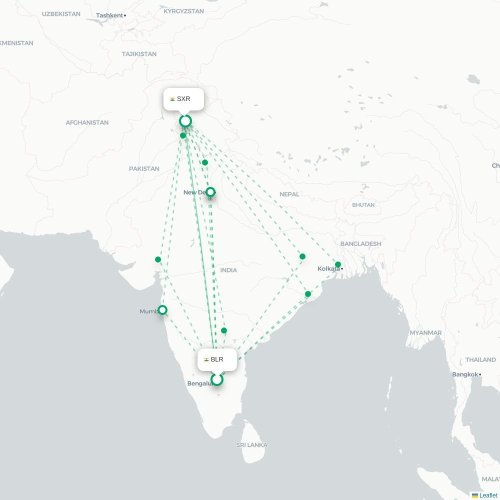 Mapa de vuelo directo Bangalore - Srinagar