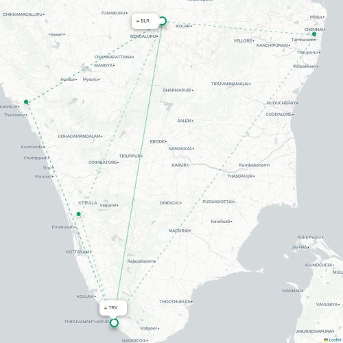 Mapa lotu bezpośredniego Bangalore – Trivandrum