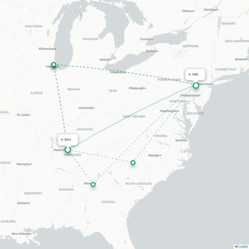 Mapa lotu bezpośredniego Nashville – Allentown