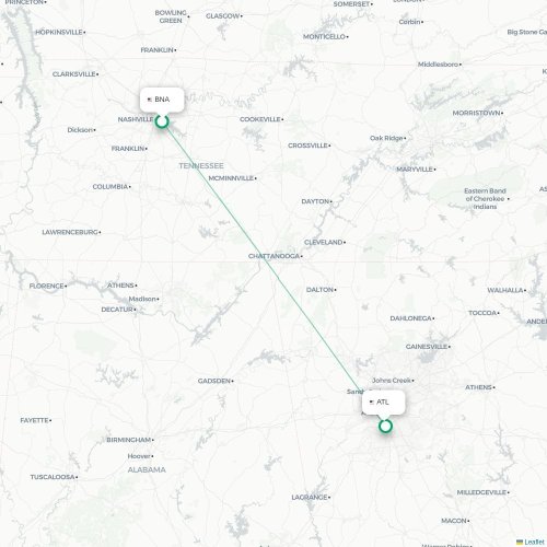 Mapa lotu bezpośredniego Nashville – Atlanta