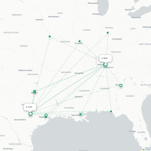 Mapa lotu bezpośredniego Nashville – Austin