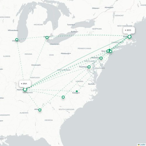Mapa lotu bezpośredniego Nashville – Boston