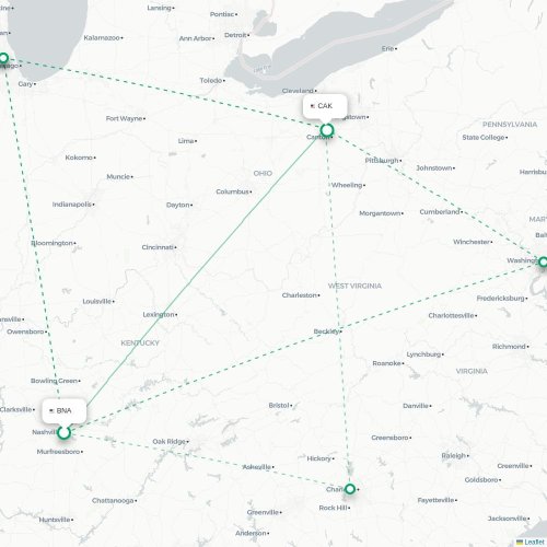 Mapa de vuelo directo Nashville - Akron