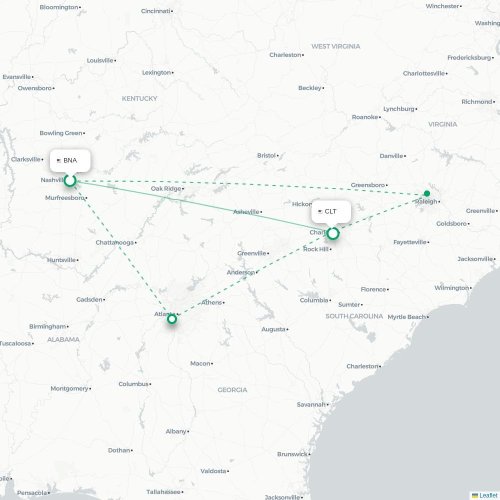 Mapa lotu bezpośredniego Nashville – Charlotte