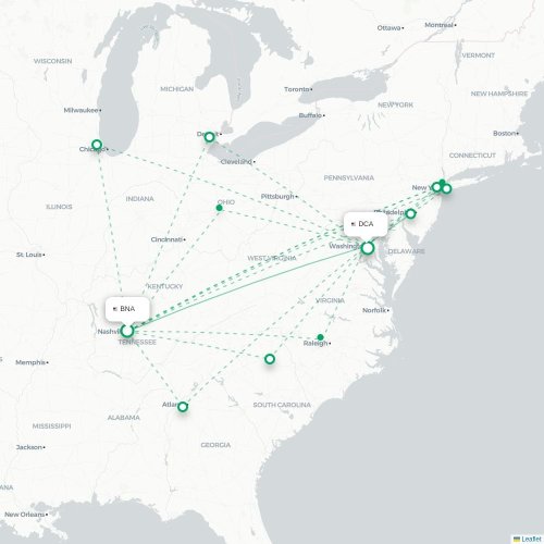 Mapa de vuelo directo Nashville - Washington D. C.