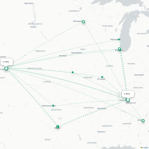 Mapa lotu bezpośredniego Nashville – Denver