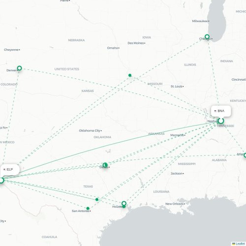 Nashville - El Paso kaart van rechtstreekse vlucht