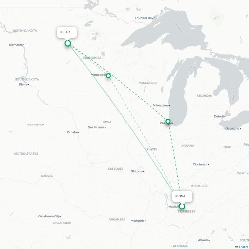Mapa de vuelo directo Nashville - Fargo