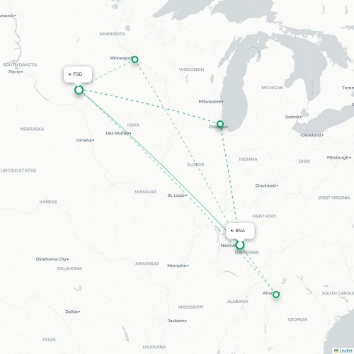 Mapa de vuelo directo Nashville - Sioux Falls