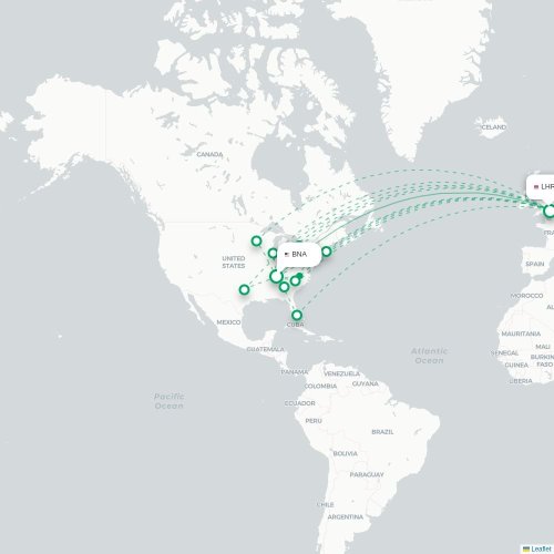 Mapa de vuelo directo Nashville - Londres