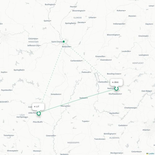Mapa de vuelo directo Nashville - Little Rock