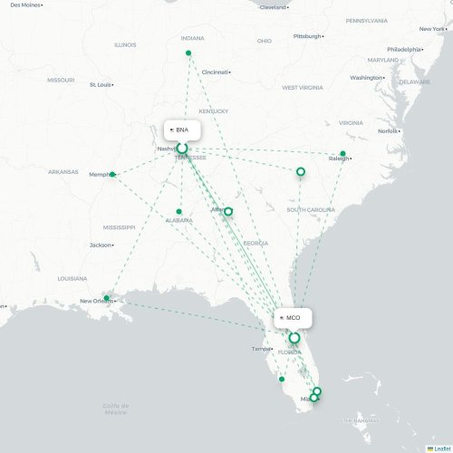 Mapa de vuelo directo Nashville - Orlando