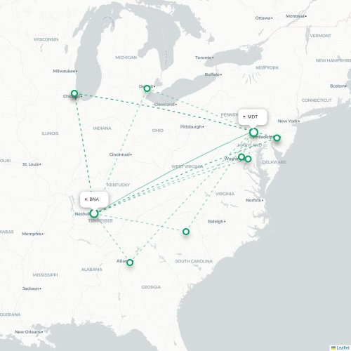 Mapa lotu bezpośredniego Nashville – Harrisburg