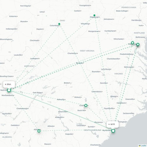 Mapa lotu bezpośredniego Nashville – Myrtle Beach
