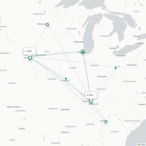 Mapa lotu bezpośredniego Nashville – Omaha