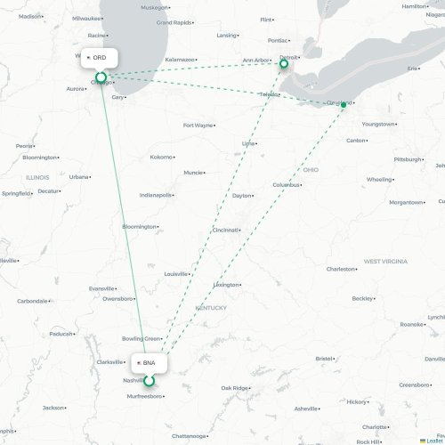 Mapa lotu bezpośredniego Nashville – Chicago