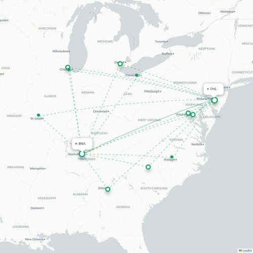 Mapa de vuelo directo Nashville - Filadelfia