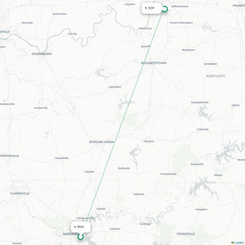 Mapa lotu bezpośredniego Nashville – Louisville