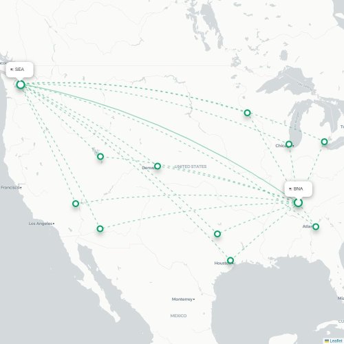 Mapa de vuelo directo Nashville - Seattle