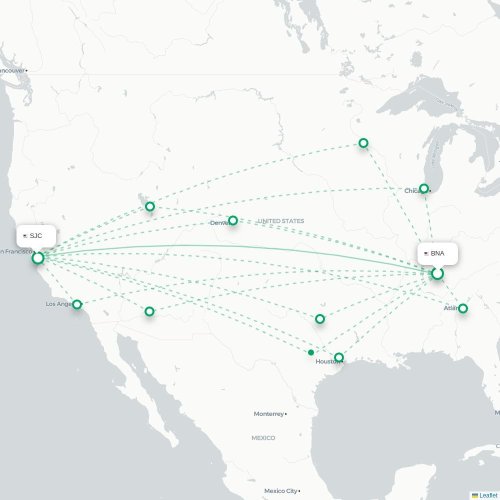 Nashville - San Jose kort over direkte fly