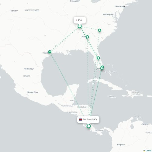 Mapa de vuelo directo Nashville - San José