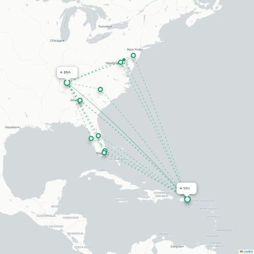 Mapa lotu bezpośredniego Nashville – San Juan