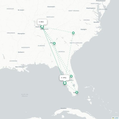 Mapa de vuelo directo Nashville - Sarasota