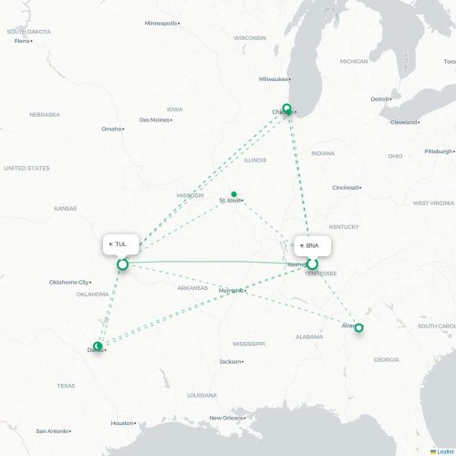Nashville - Tulsa kaart van rechtstreekse vlucht