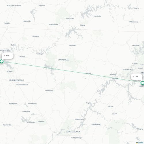 Mapa de vuelo directo Nashville - Knoxville