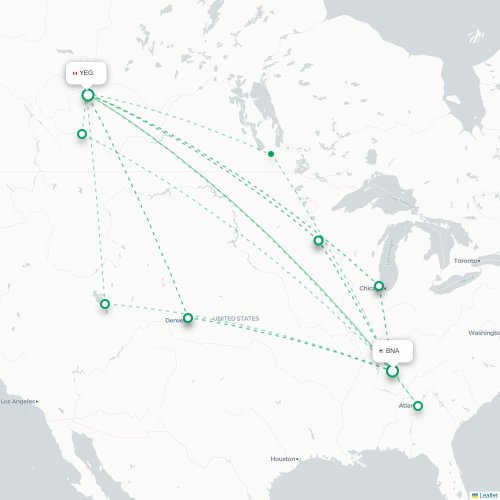 Mapa de vuelo directo Nashville - Edmonton