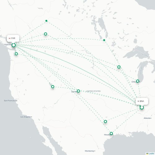 Mapa de vuelo directo Nashville - Vancouver