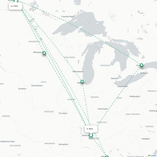 Mapa de vuelo directo Nashville - Winnipeg