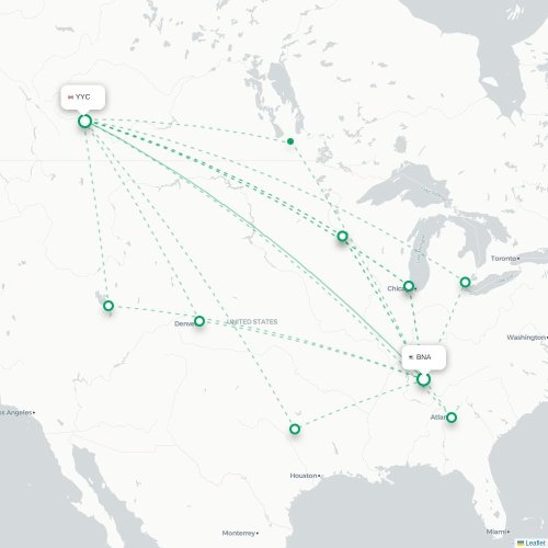 Mapa de vuelo directo Nashville - Calgary
