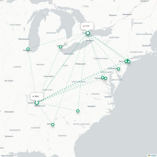 Mapa de vuelo directo Nashville - Toronto