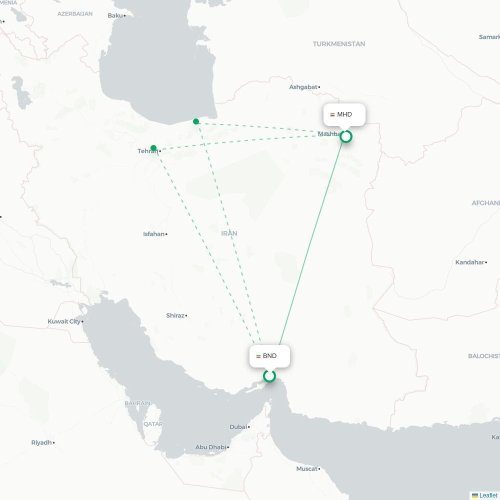 Mapa de vuelo directo Bandar Abbas - Mashhad