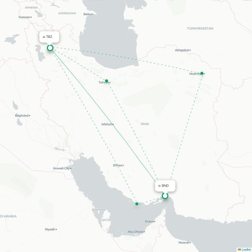 Mapa de vuelo directo Bandar Abbas - Tabriz