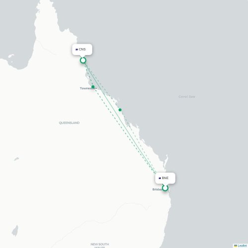 Brisbane - Cairns kort over direkte fly