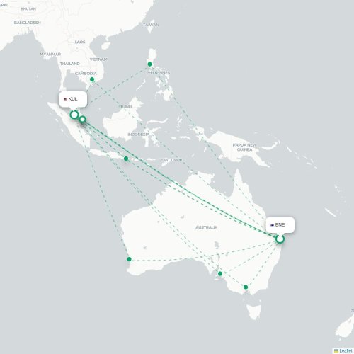 Brisbane - Kuala Lumpur kaart van rechtstreekse vlucht