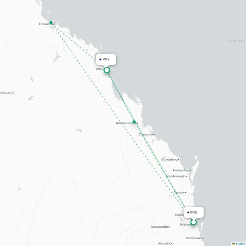 Brisbane - Mackay kort over direkte fly