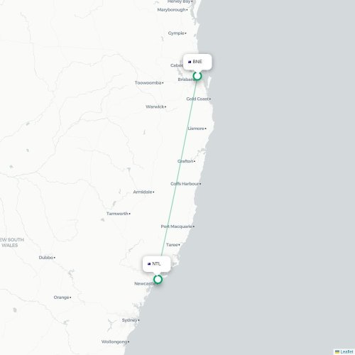 Mapa lotu bezpośredniego Brisbane – Newcastle