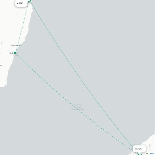 Mapa lotu bezpośredniego Brisbane – Queenstown